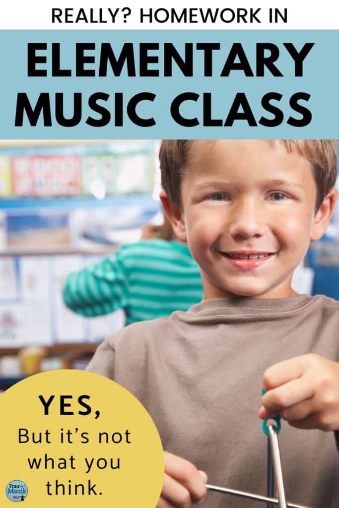 Smiling student playing an elementary music classroom instrument - triangle