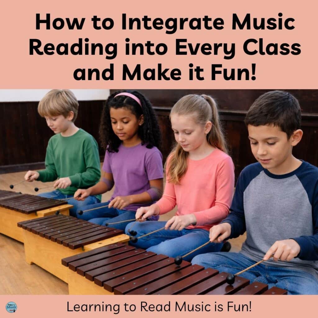 How to Integrate Music Reading into EVERY Elementary Music Class with image of adult hands playing drum