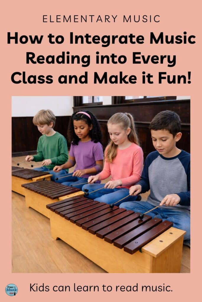 Smiling children playing music classroom rhythm instruments.