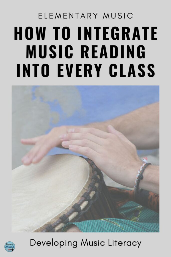 How to Integrate Music Reading into EVERY Elementary Music Class with image of adult hands playing drum