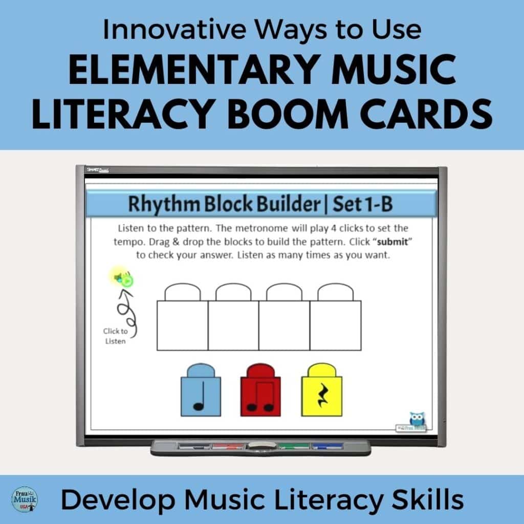 Rhythm Dictation Boom Cards displayed on a music classroom whiteboard