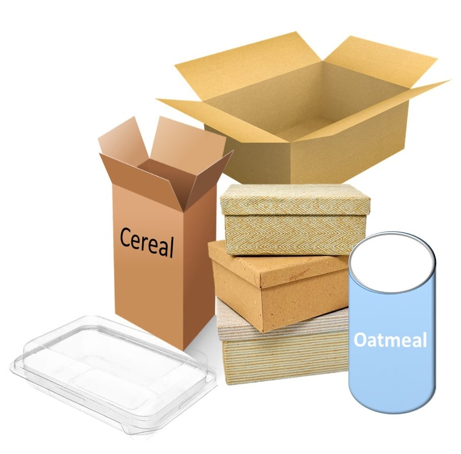 Cereal, oatmeal, and shoe boxes, & plastic container