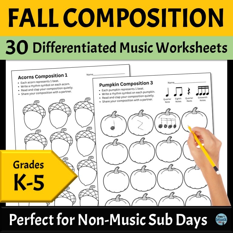 Elementary music composition worksheets with a fall theme - apples on acorns.