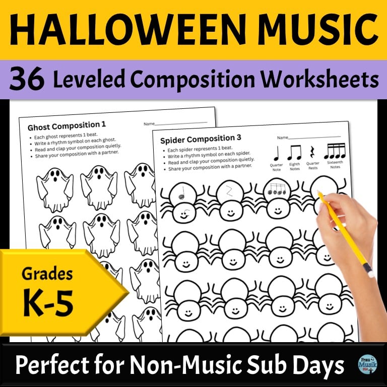 Elementary music composition worksheets with a Halloween theme - ghosts and spiders