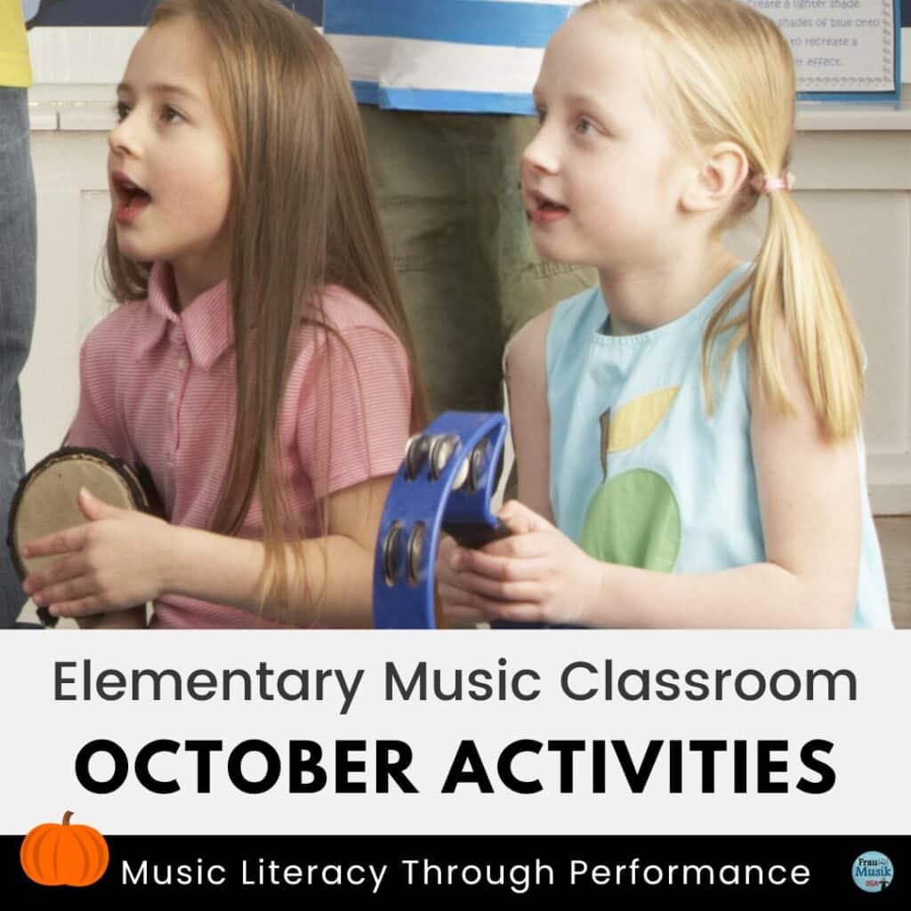 Smiling students playing elementary music classroom instruments