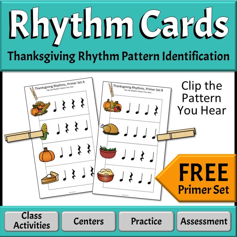 Two rhythm cards with a clothes pin clipped on one rhythm pattern