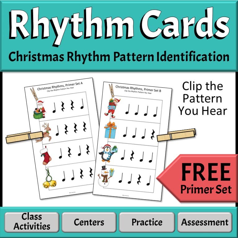 Two Christmas-themed rhythm cards with a clothes pin clipped on one rhythm pattern