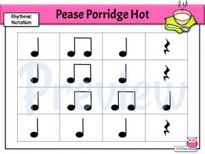 Rhythmic notation for the chant Pease Porridge Hot