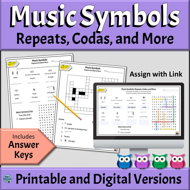 Printable and Online Digital Music Symbols Puzzles - Repeats, Codas, and More | Elementary and Middle School Music Classroom