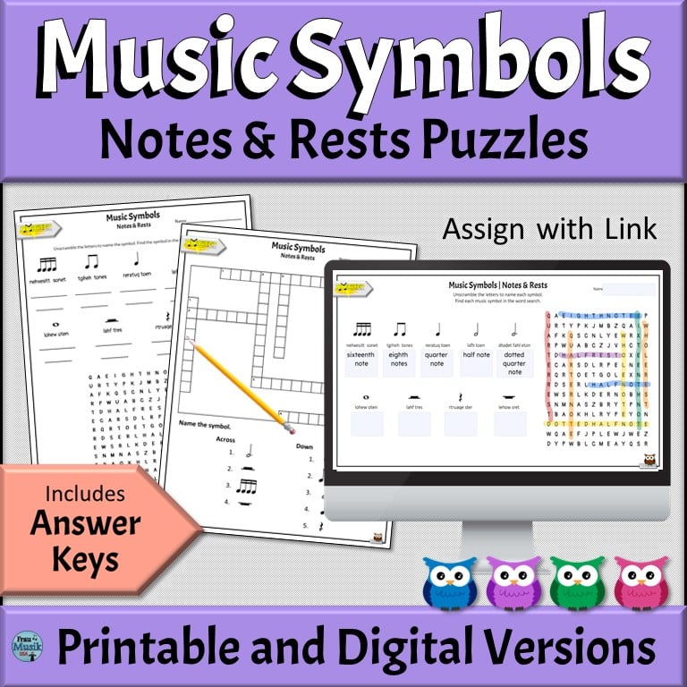 Printable and Online Digital Music Symbols Notes and Rests Puzzles | Elementary and Middle School Music Classroom