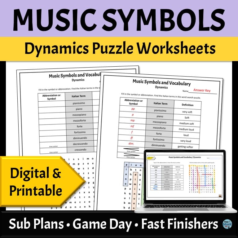 Printable and Online Digital Music Symbols Dynamics Puzzles | Elementary and Middle School Music Classroom