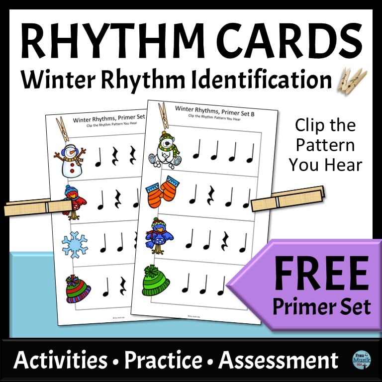 Two Winter-themed rhythm cards with a clothespin clipped on one rhythm pattern