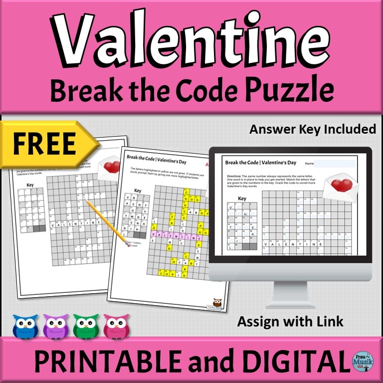 Images of Valentine puzzle, answer key, and a computer screen with a digital version of the puzzle