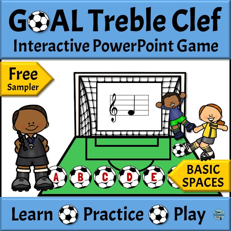 Free treble clef note names game with soccer theme