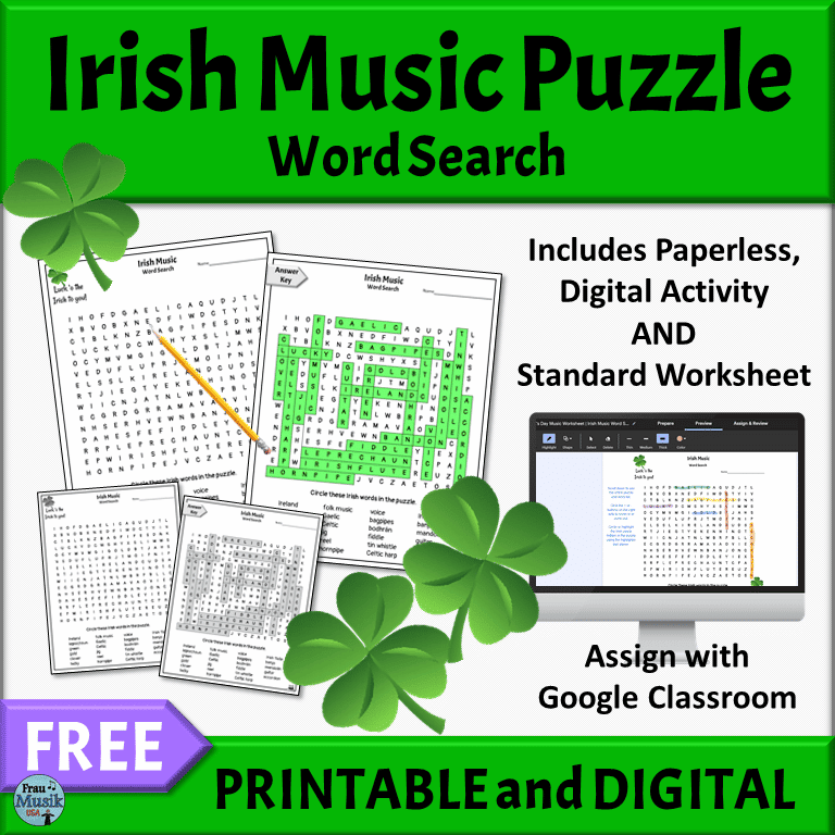 FREE St. Patrick's Day Word Search for the Elementary Music Classroom | PRINTABLE & DIGITAL Versions