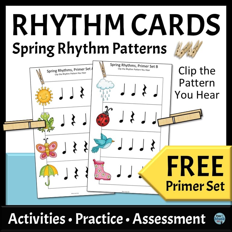 Two Spring themed rhythm cards with a clothespin clipped on one rhythm pattern