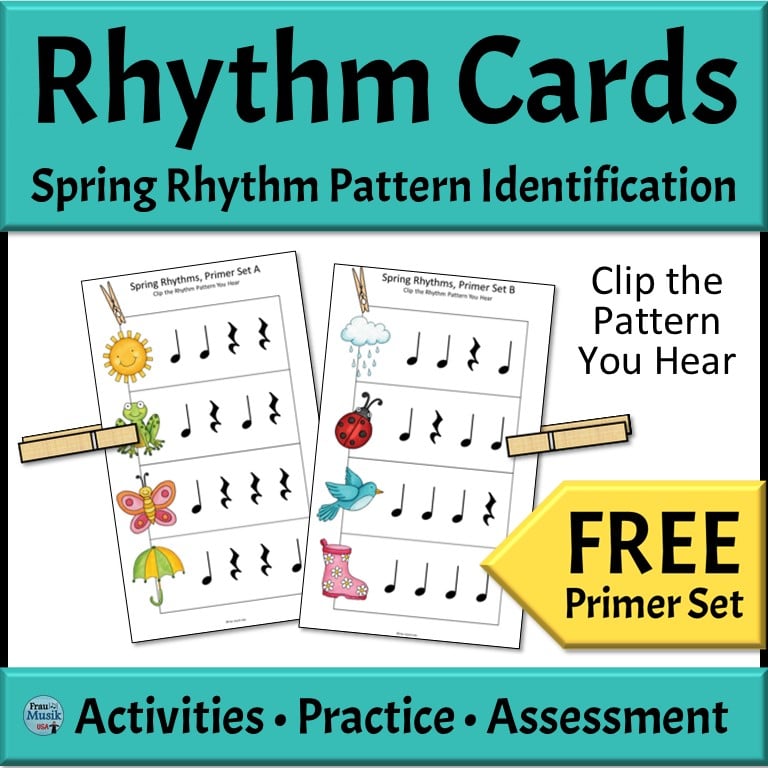 Two Spring themed rhythm cards with a clothespin clipped on one rhythm pattern