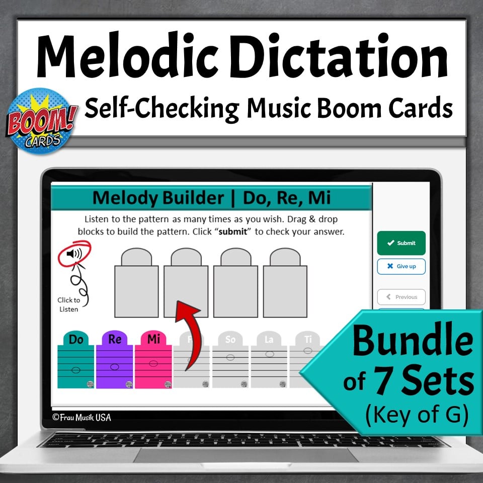 No-Prep Melodic Dictation Activities for Elementary Music Classroom or Homeschool - Boom Cards Sequential BUNDLE, Key of G