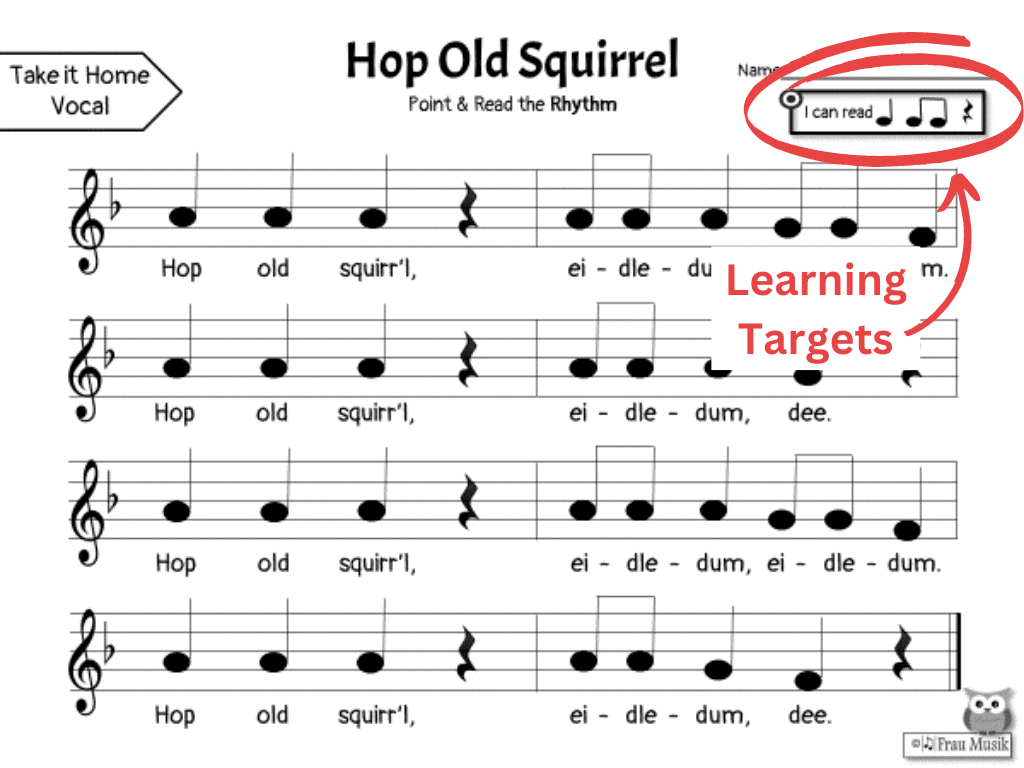 Hop Old Squirrel, Take Home Sheet Music with Learning Targets, Read the Rhythm