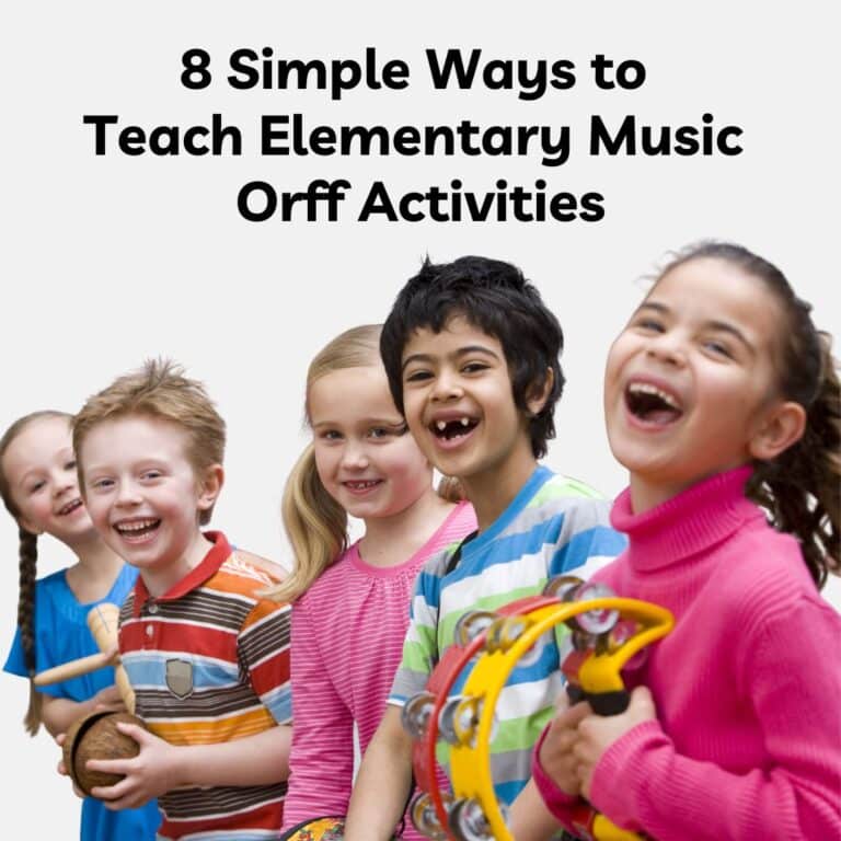 Elementary-age students play classroom music instruments