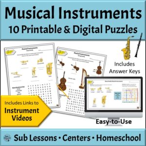 Printed musical instrument worksheets and digital worksheet on computer screen