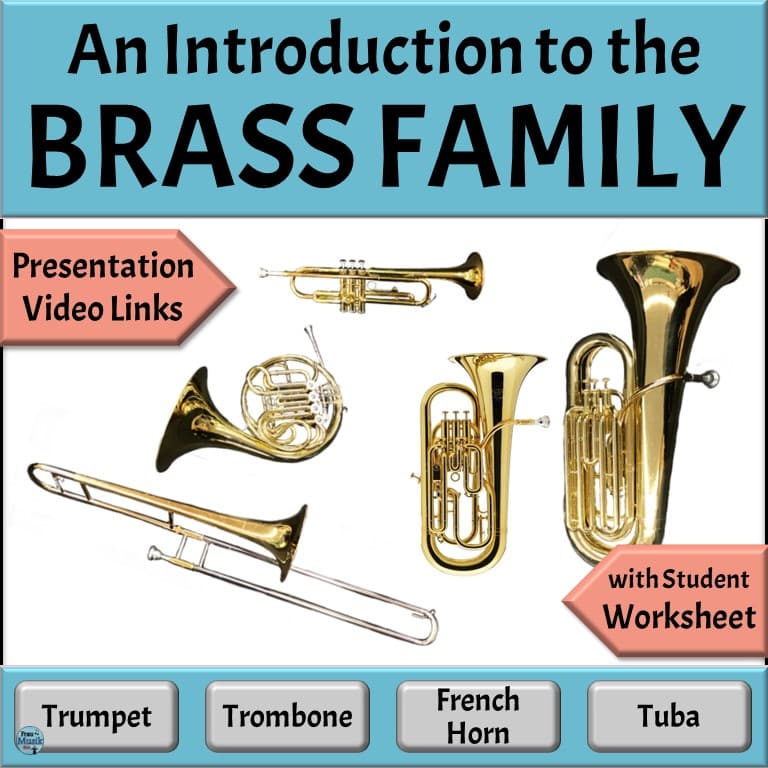 An introduction to the brass family with images of a trumpet, trombone, French horn, and tuba