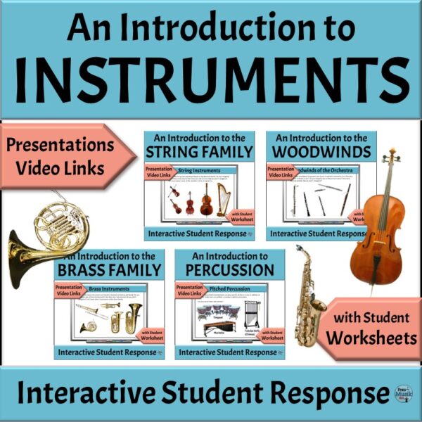 Pictures of musical instruments in the String, Woodwind, Brass, and Percussion Families