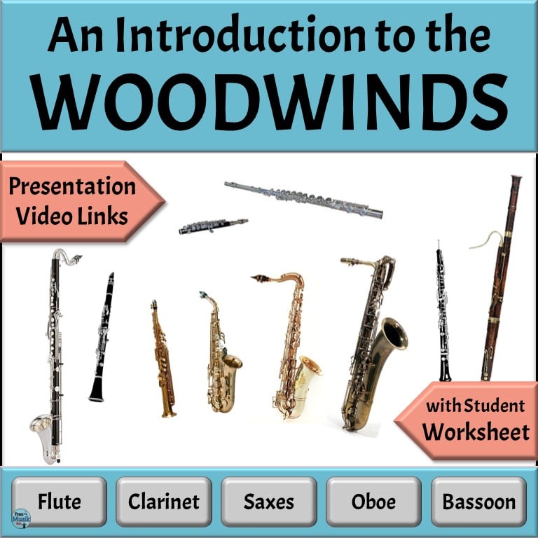An introduction to the woodwind family with images of flute, piccolo, clarinets, bass clarinet, soprano sax, alto sax, tenor, sax, bari sax, oboe, and bassoon