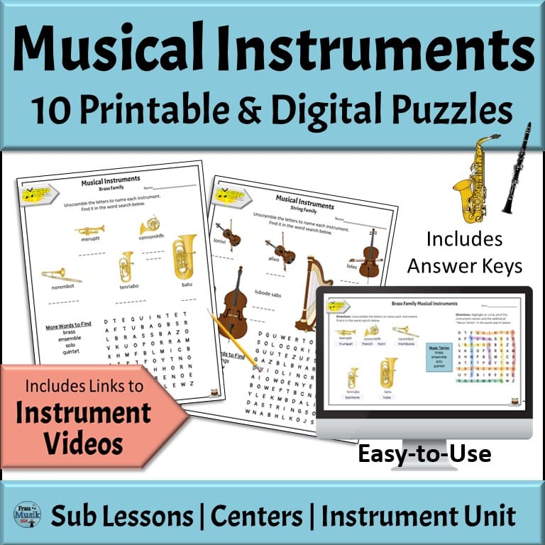 Printed musical instrument worksheets and digital worksheet on computer screen