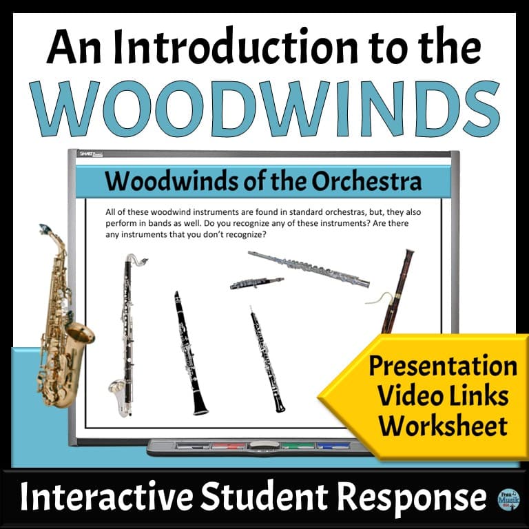 An introduction to the woodwind family with images of flute, piccolo, clarinets, bass clarinet, soprano sax, alto sax, tenor, sax, bari sax, oboe, and bassoon
