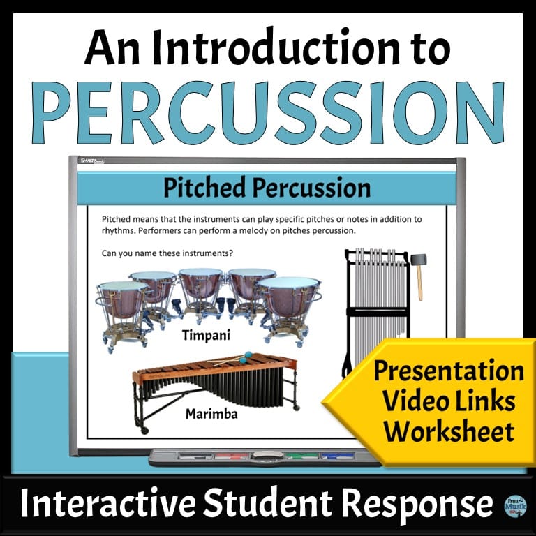 An introduction to percussion instruments with images of timpani, chimes, marimba, bass drum, snare drum and elementary music class percussion instruments