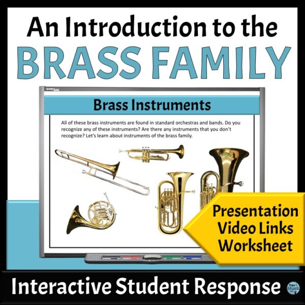 An introduction to the brass family with images of a trumpet, trombone, French horn, and tuba