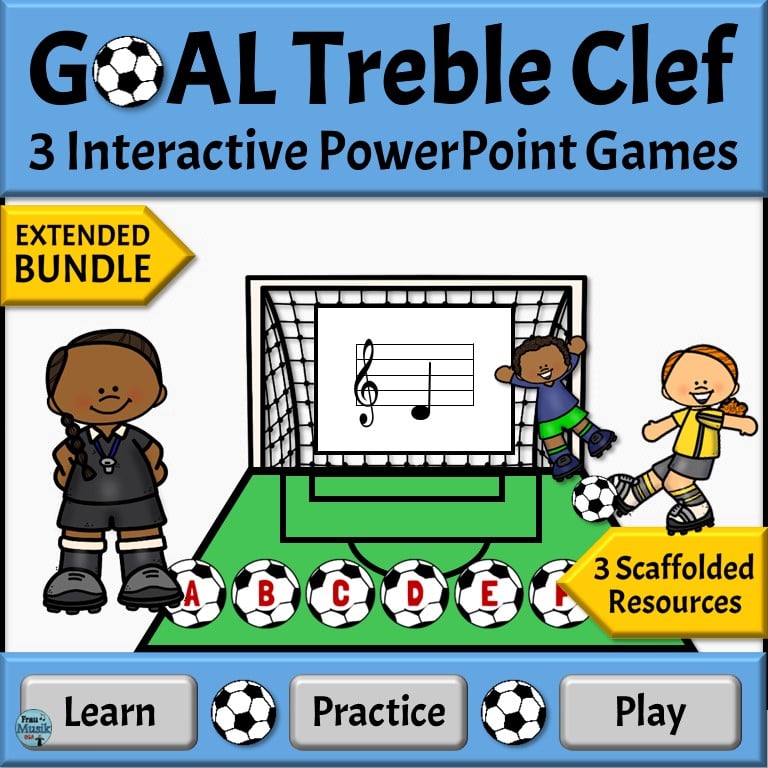 Interactive treble clef note name game with soccer theme