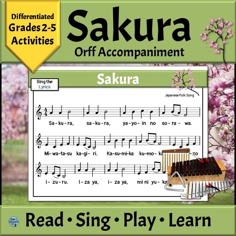 Spring Music Reading Lesson with Orff Activities for the Elementary Music Classroom - Sakura, image also shows sheet music and cherry blossoms