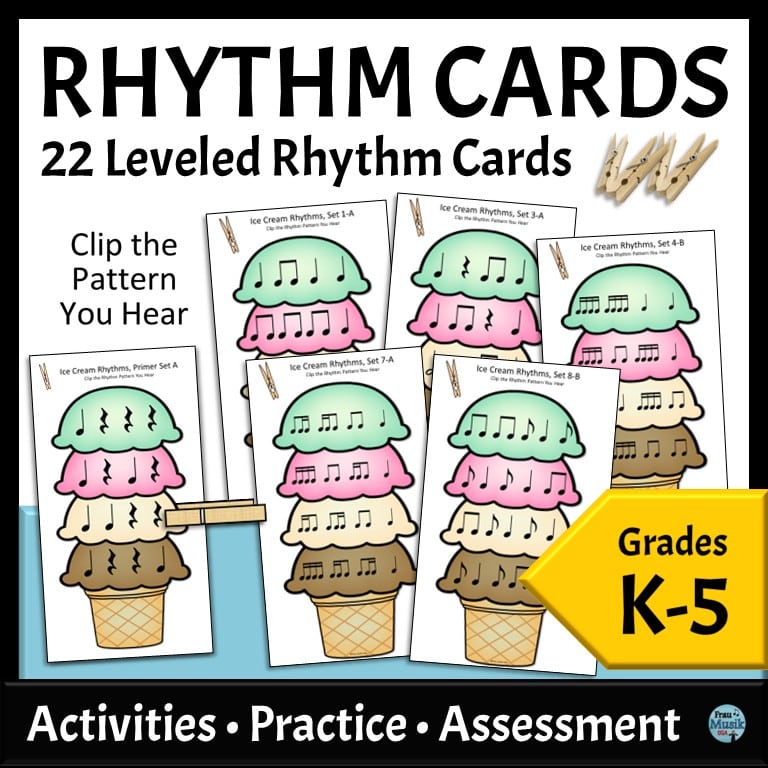 Elementary Music Rhythm Pattern Identification Cards for Grades K - 5 - Ice Cream Theme