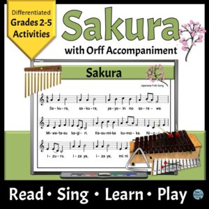 Spring Music Reading Lesson with Orff Activities for the Elementary Music Classroom - Sakura, image also shows sheet music and cherry blossoms