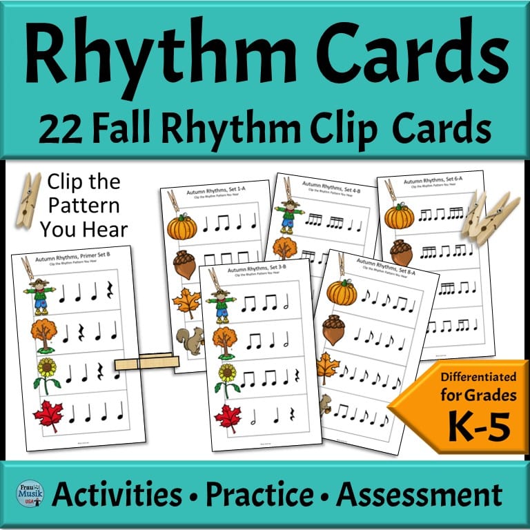 Clip cards with musical rhythm patterns. One clothespins is marking the correct answer.