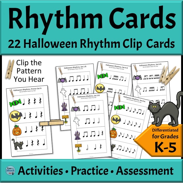 Clip cards with rhythm patterns. A clothespin marks the correct answer.