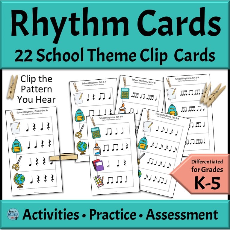 Music rhythm patterns with a clothespin marking one pattern