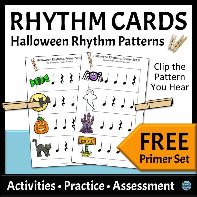 Clip cards with rhythm patterns. A clothespin marks the correct answer.