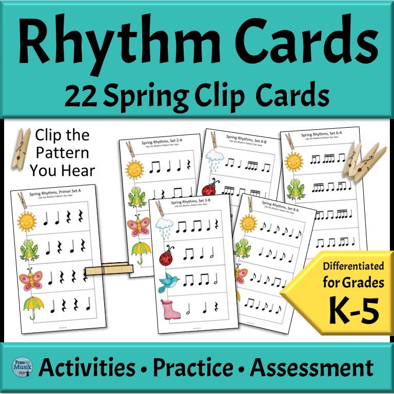 Clip cards with rhythm patterns. A clothespin marks the correct answer.