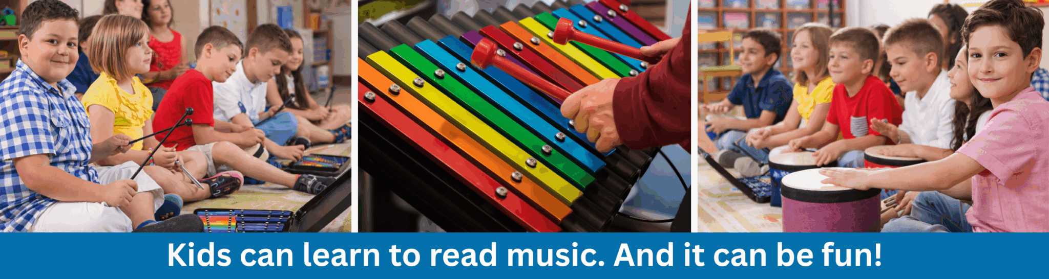 Children play elementary music classroom instruments.