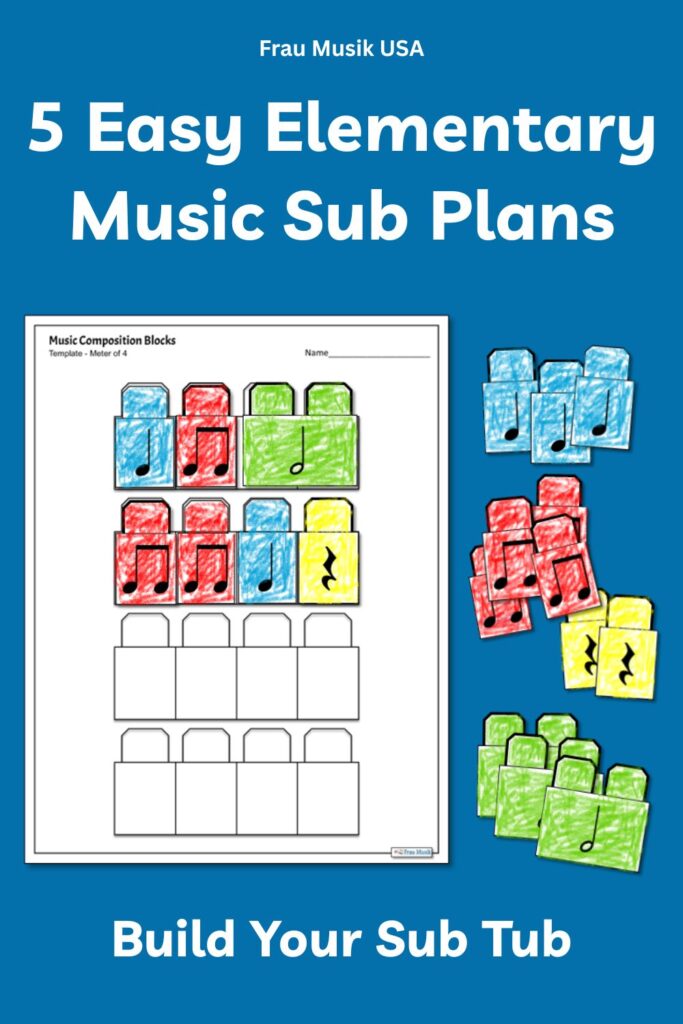 5 Easy Elementary Music Sub Plans - Image with colorful music note blocks.