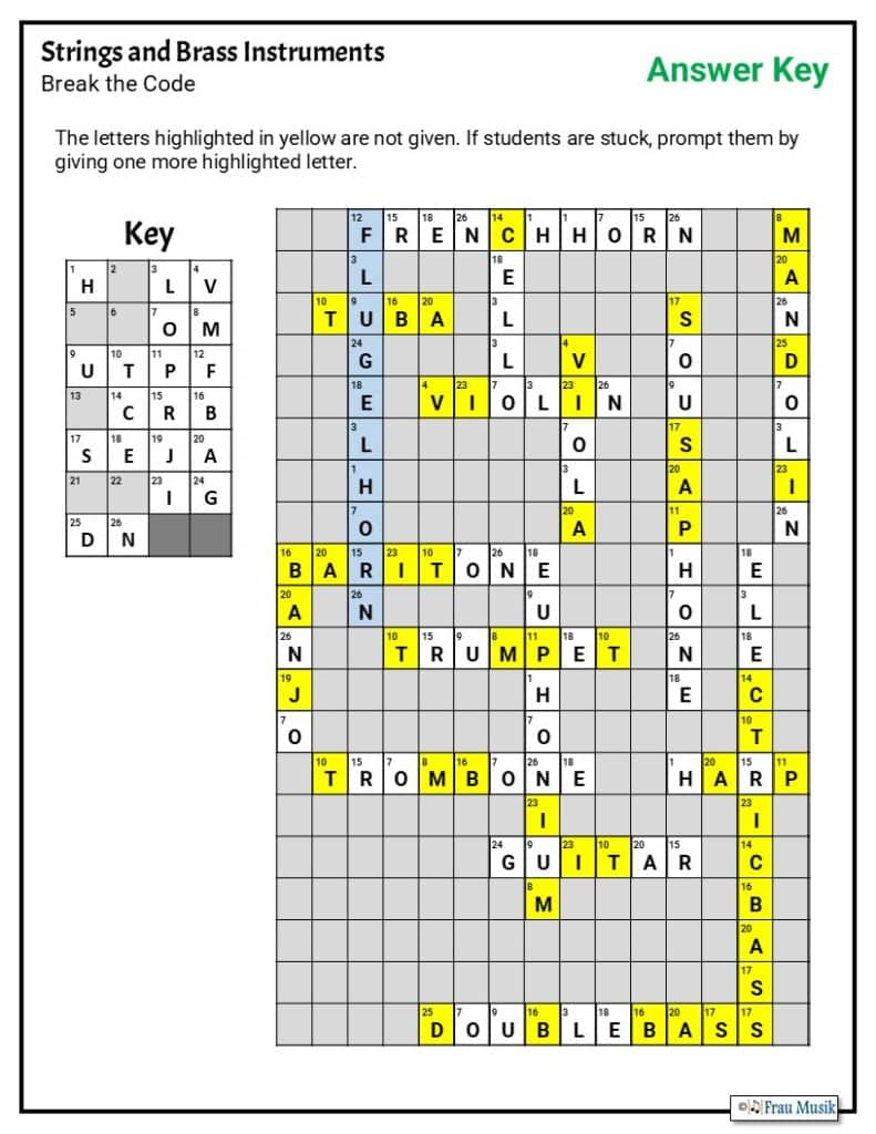 Break the Code Musical Instruments Puzzle for elementary music class (answer key)
