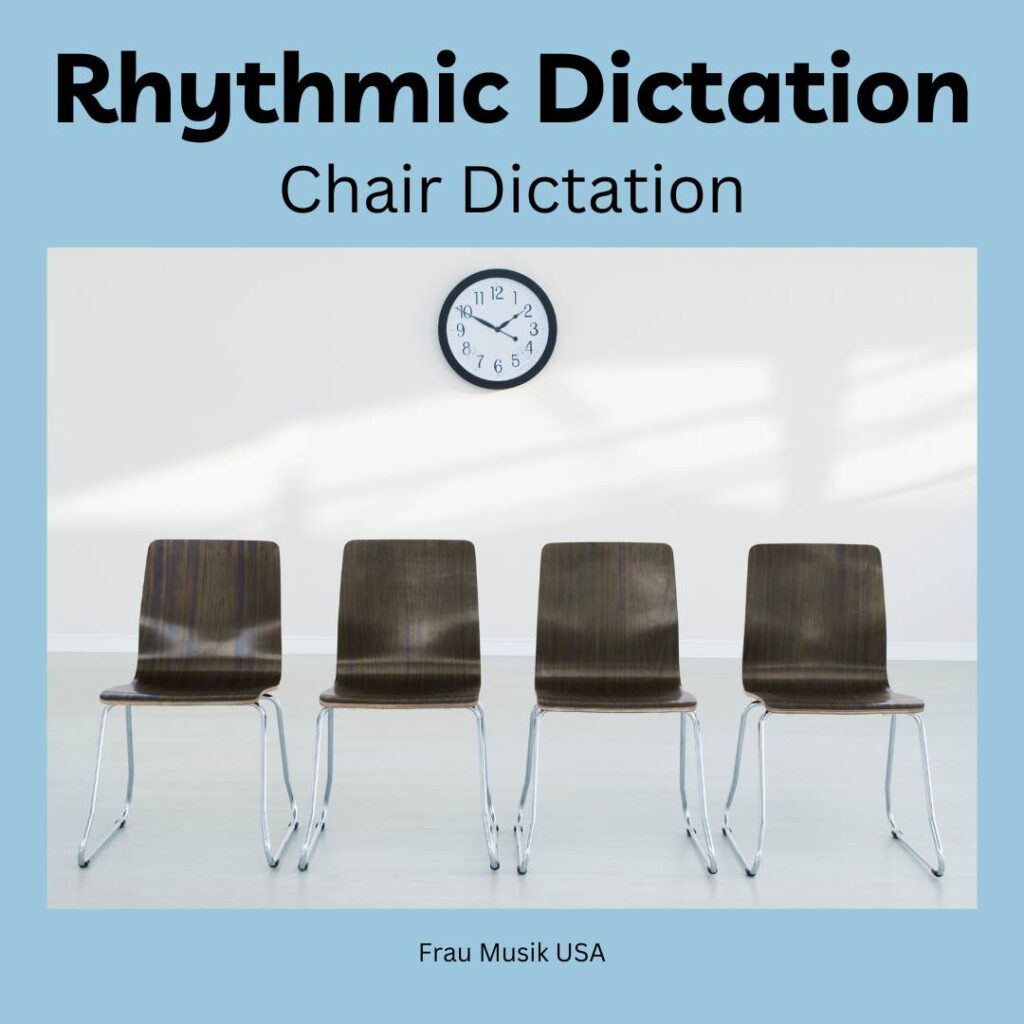 Elementary music classroom with 4 empty chairs. Text sayx Rhythmic Dictation: Chair Dictation