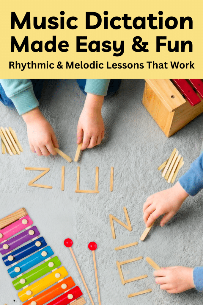 Elementary music students using popscicle sticks for rhythmic dictaiton. Colorful xylophone pictured.