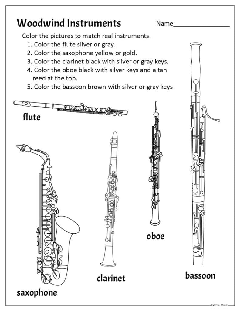 Black and white line coloring musical instrument page - Woodwind family, flute, clarinet, saxophone, oboe, bassoon.