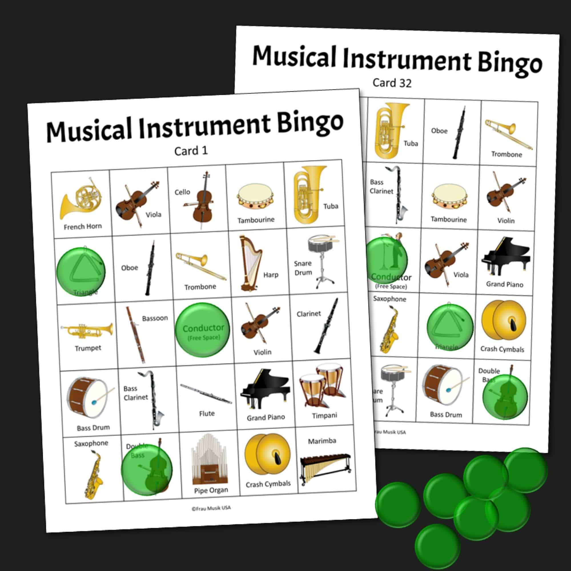 Musical Instrument Bingo for elementary music class - 2 Bingo Cards with markers.
