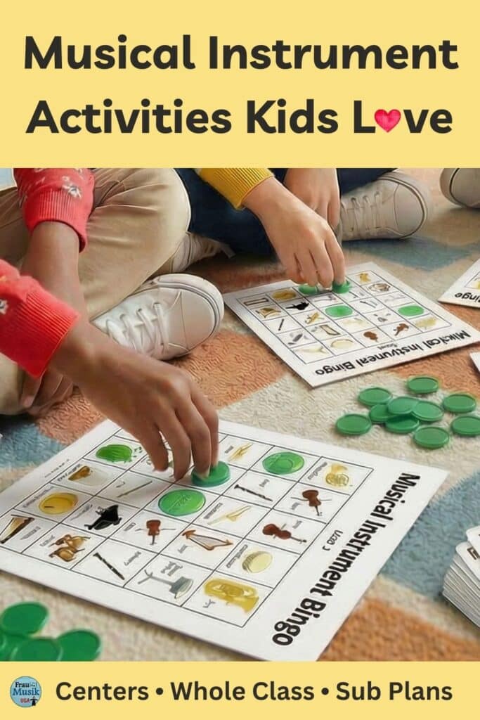 Two students playing musical instrument Bingo in elementary music  class