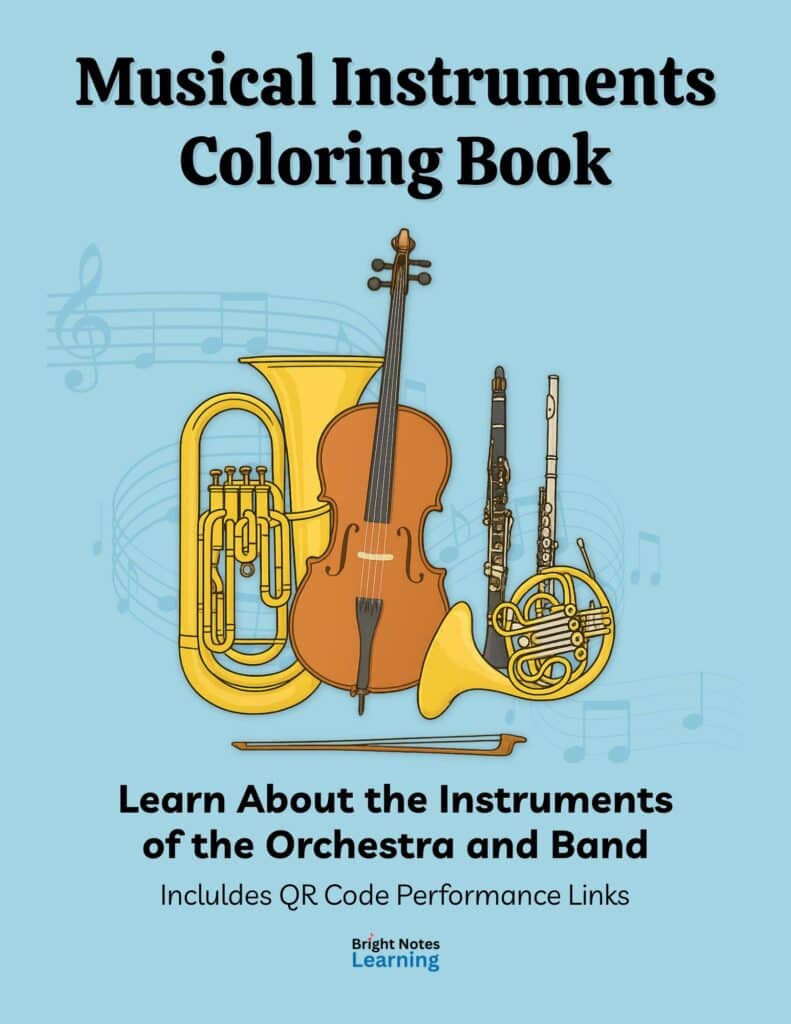 Musical Instruments Coloring Book with QR codes to musical instrument performances.